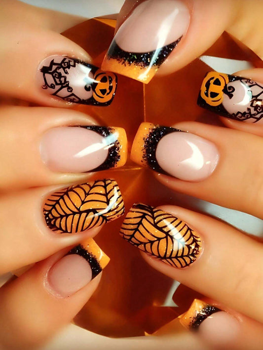 24pcs-Short-Square-Halloween-Themed-French-Pumpkin-And-Spider-Web-Manicure-Set